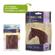 Zwei Verpackungen für Haustierleckerlis: links in Blau für Hundewurst, rechts in Gold/Violett für Pferdefleischstangen, beide sagen "Neues DESIGN, gleiche QUALITÄT."