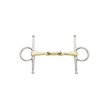Ein silbernes und goldenes Pferdegebiss mit einem glatten, gebogenen Mundstück und zwei Ringen auf jeder Seite, vor einem weißen Hintergrund präsentiert.