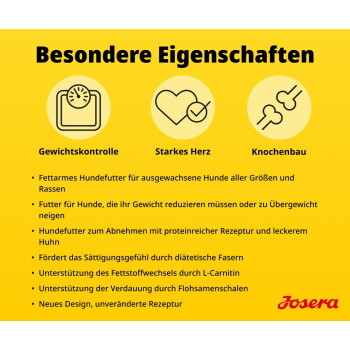 Gelbes Informationsfeld 'Besondere Eigenschaften' mit Symbolen beschriftet 'Gewichtskontrolle', 'Starkes Herz', 'Knochenbau' und Josera-Logo