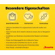 Gelbes Informationsfeld 'Besondere Eigenschaften' mit Symbolen beschriftet 'Gewichtskontrolle', 'Starkes Herz', 'Knochenbau' und Josera-Logo