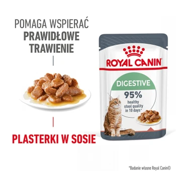 Torebka karmy dla kotów Royal Canin Digestive z talerzem wilgotnych kawałków mięsa, zawierająca tekst o wspieraniu trawienia i zdrowej jakości stolca.
