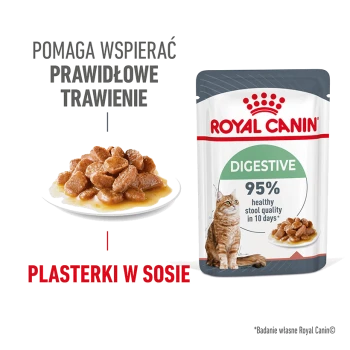 Torebka karmy dla kotów Royal Canin Digestive z talerzem wilgotnych kawałków mięsa, zawierająca tekst o wspieraniu trawienia i zdrowej jakości stolca.