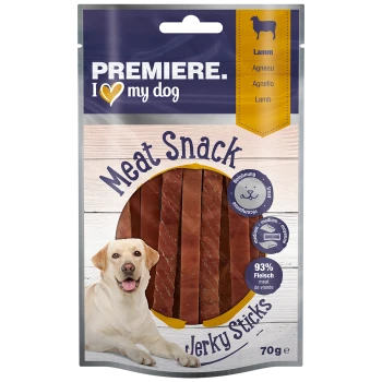 Fleischsnack-Jerky-Sticks für Hunde, mit einer Verpackung, die den Text "PREMIERE. I ❤️ my dog" und "93% Fleisch" auf einem Holz-Hintergrund zeigt.