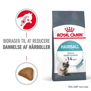 Royal Canin Hairball Katzenfutterbeutel, mit einer Katzen-Grafik, die behauptet, die Bildung von Haarballen in 14 Tagen zu reduzieren, mit einem abgebildeten Krokettenstück.