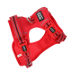 Rotes Hundegeschirr mit verstellbaren Riemen, Mesh-Polsterung und einem Metall-D-Ring zur Leinenbefestigung.