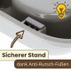 Nahaufnahme eines Anti-Rutsch-Fußes eines Futternapfs mit Pfeil und Glühbirnensymbol; sichtbarer Text: 'Sicherer Stand' und 'dank Anti-Rutsch-Füßen'.