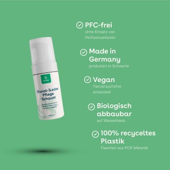 Ökologisch freundliche Lederpflege-Schaumflasche, auf Deutsch beschriftet, mit PFC-frei, vegan, biologisch abbaubar, hergestellt in Deutschland, 100% recyceltem Plastik.