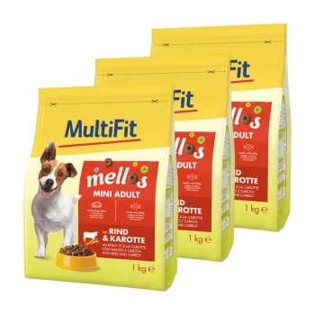 Drei Beutel MultiFit Hundefutter, beschriftet mit "mellos MINI ADULT" mit Rind und Karotte, jeweils 1 kg schwer.
