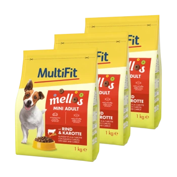 Drei Beutel MultiFit Hundefutter, beschriftet mit "mellos MINI ADULT" mit Rind und Karotte, jeweils 1 kg schwer.