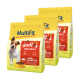 Trois sacs de nourriture pour chiens MultiFit étiquetés "mellos MINI ADULT" avec du bœuf et des carottes, chacun pesant 1 kg.