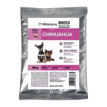 Silberne Tüte Wildsterne Breed Selection Chihuahua Adult Hundefutter 900 g, zeigt zwei Chihuahuas, 35 % Rind, 23 % Protein, 16 % Fett