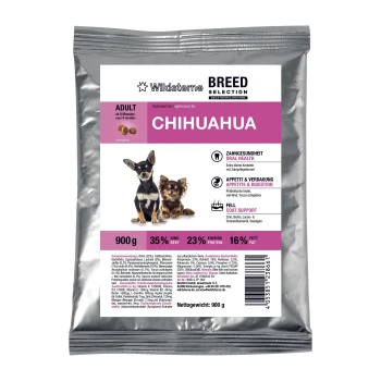 Silberne Tüte Wildsterne Breed Selection Chihuahua Adult Hundefutter 900 g, zeigt zwei Chihuahuas, 35 % Rind, 23 % Protein, 16 % Fett