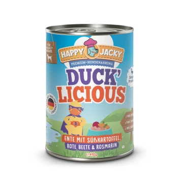 Dose mit Happy Jacky Hundefutter, beschriftet mit "DUCK'LICIOUS", mit einer Cartoon-Ente im Umhang und Zutaten: Ente, Süßkartoffel, Rote Beete, Rosmarin.