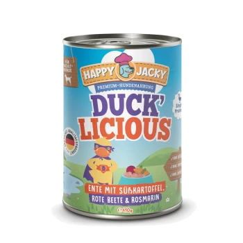 Dose mit Happy Jacky Hundefutter, beschriftet mit "DUCK'LICIOUS", mit einer Cartoon-Ente im Umhang und Zutaten: Ente, Süßkartoffel, Rote Beete, Rosmarin.