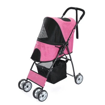 Rosa Haustierbuggy mit einem Netzoberteil, vier Rädern und einem Stauraumkorb darunter. Ideal zum Transport kleiner Haustiere.