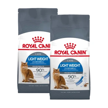 Zwei Beutel Royal Canin Light Weight Katzenfutter, mit einem Katzenbild und Text über die Begrenzung der Gewichtszunahme und nachgewiesene Ergebnisse.