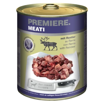Dosen-Haustierfutter mit der Aufschrift "Premiere. Meati" mit Stücken von Rentierfleisch, mit einem Messer, das "für Fleischliebhaber" im Vordergrund beschriftet ist.