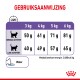 Tabel met voedingsrichtlijnen voor katten op basis van gewicht (3-6 kg) en activiteitsniveau, inclusief watericoon en energie-inhoud.
