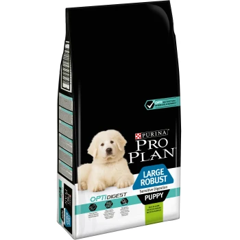 Sac de nourriture pour chiots Purina Pro Plan avec un grand chiot golden retriever robuste sur le devant, étiqueté "Sensitive Digestion" et "OPTIDIGEST."