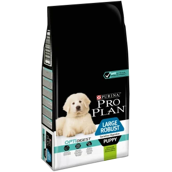 Sac de nourriture pour chiots Purina Pro Plan avec un grand chiot golden retriever robuste sur le devant, étiqueté "Sensitive Digestion" et "OPTIDIGEST."