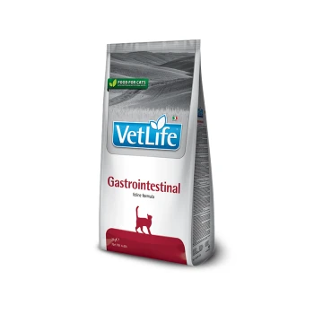 VetLife Gastrointestinal Katzenfutterbeutel mit einer Silhouette einer Katze, beschriftet mit "Futter für Katzen," mit einem Nettogewicht von 2 kg (4,4 lb).