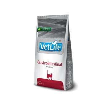VetLife Gastrointestinal Katzenfutterbeutel mit einer Silhouette einer Katze, beschriftet mit "Futter für Katzen," mit einem Nettogewicht von 2 kg (4,4 lb).