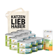 Eine Tragetasche mit dem Text "KATZEN LIEB HABER", umgeben von Dosen Katzenfutter mit der Aufschrift "Lachs & Truthahn" und einem Paket "Vermal Pulver."