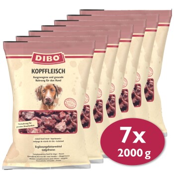 DIBO Kopffleisch Hundefutter, das sieben 2000g Beutel zeigt, als ausgewogene und gesunde Ernährung für Hunde gekennzeichnet, mit Fokus auf vitaler Knochengesundheit.