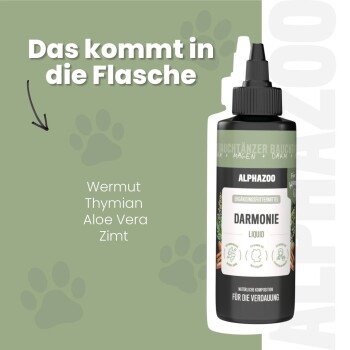 Flasche ALPHAZOO Force Haustierflüssigkeit, "FRÜHER VOGEL," zeigt umweltfreundliche Inhaltsstoffe und Eignung für alle Rassen.