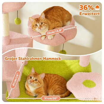 Orangene rotgetigerte Katzen auf einer Hängematte eines rosa-grünen Kratzbaums; sichtbarer Text: '36% erweitert' und 'Großer Stahlrahmen-Hängematte'.
