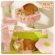 Orangene rotgetigerte Katzen auf einer Hängematte eines rosa-grünen Kratzbaums; sichtbarer Text: '36% erweitert' und 'Großer Stahlrahmen-Hängematte'.