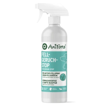 Eine Sprühflasche AniForte Fell-Geruch-Stop, ein bioaktives Fell-Spray zur Geruchskontrolle, mit einer Hundillustration und Text in Deutsch und Englisch.