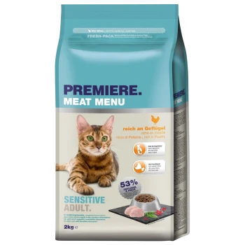 Hundefutterbeutel mit der Aufschrift "Premiere Meat Menu" für empfindliche erwachsene Katzen, mit einer getigerten Katze, mit Text, der 53% Geflügel- und Fischgehalt hervorhebt.