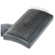 A black pet grooming brush with metal bristles and a curved handle, designed for detangling and removing loose fur.