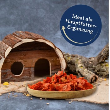 Holz-Haustierhaus mit einem Teller getrockneter oranger Haustiersnacks und dem Text "Ideal als Hauptfutter-Ergänzung" in einem blauen Kreis.