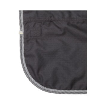 Graue Tierdecke mit gestreiftem Rand, mit einer weichen Textur und abgerundeten Kanten.