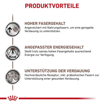 Bild hebt Produktvorteile auf Deutsch hervor: "Hoher Fasergehalt" für die Verdauung, "Angepasster Energiegehalt" für Energie, "Unterstützung der Verdauung."