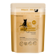 Goldene Verpackung von Catz Finefood, einem 300g getreidefreien Katzenfutter, mit einer Silhouette einer Katze, mit Text, der Rind- und Kalbfleischzutaten hervorhebt.