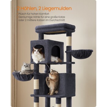 Ein plüschiger Katzenbaum mit zwei Höhlen und Liegeflächen, mit einer grauen Katze in einer Schüssel, einer weißen Katze, die herausblickt, und einer braunen getigerten Katze, die spielt.
