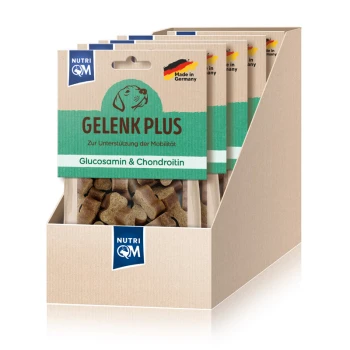 Verpackung für Hundeleckerlis mit der Aufschrift "Gelenk Plus" mit Glucosamin und Chondroitin, fördert die Mobilität, hergestellt in Deutschland.