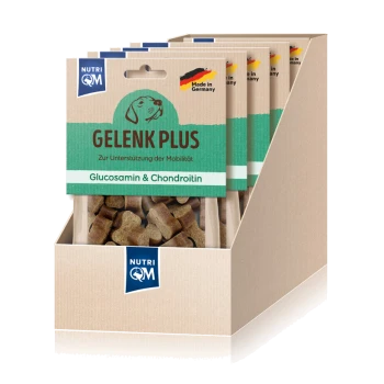 Verpackung für Hundeleckerlis mit der Aufschrift "Gelenk Plus" mit Glucosamin und Chondroitin, fördert die Mobilität, hergestellt in Deutschland.