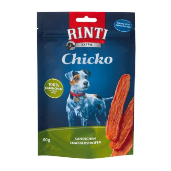 Verpackung von Rinti Chicko Hundeleckerlis mit blauem Hintergrund und einer Hundillustration, die "100% Kaninchen" und "60g" angibt.