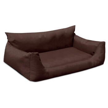 Braunes Haustierbett mit erhöhten Seiten und einer gepolsterten Basis, entworfen für Komfort und Entspannung.