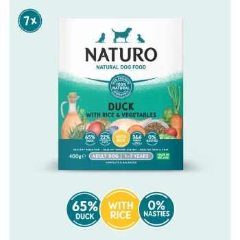 Naturo natural dog food packaging featuring "Duck with Rice & Vegetables," highlighting 65% duck, 22% vegetables, and 0% nasties.
