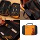 Fiskars-Pflegeset für Haustiere in schwarz-orangefarbener Tasche mit Schere, Kamm, Feile und Handtuch; Beschriftung 'FISKARS'.