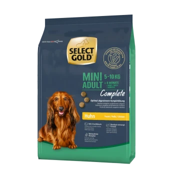 Select Gold Mini Adult hondenvoerzak, geschikt voor honden van 5-10 kg, met een bruine hond op de voorkant en gelabeld 'Huhn' (kip).