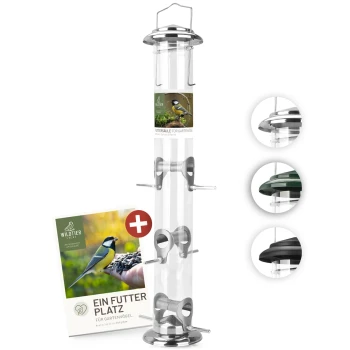 Futtersäule für Samen, Körner & Kerne 52cm, Silber Klarer Vogelfutterspender mit Edelstahlakzenten, der mehrere Futteröffnungen und ein Werbebroschüre mit dem Titel 'Ein Futter Platz für Gartenvögel' enthält.