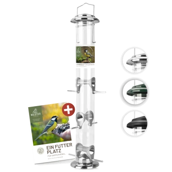 Klarer Vogelfutterspender mit Edelstahlakzenten, der mehrere Futteröffnungen und ein Werbebroschüre mit dem Titel 'Ein Futter Platz für Gartenvögel' enthält.