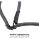 Nahaufnahme einer grauen geflochtenen Hundeleine mit einer flexiblen Zugbegrenzungsfunktion, beschriftet mit "flexible Zugbegrenzung" und "verhindert Zuschnüren."
