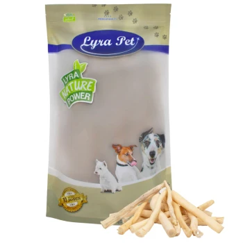 Ochsenschwanz weiß 1 kg Lyra Pet Hundeleckerlitasche mit dem Text "Lyra Nature Power" und Bildern eines weißen Hundes, eines braunen Hundes und eines Hundes mit blauen Augen, mit Kaustangen davor.